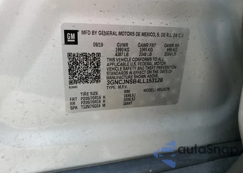 2020 Chevrolet Trax Ls из США, поврежденный, VIN 3GNCJNSB4LL153128